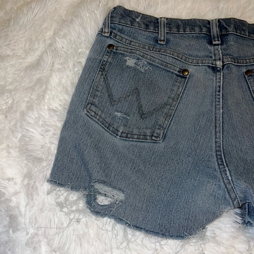 Wrangler Light Wash Denim Shorts size 34 Hand Distressed - Picture 3 of 5